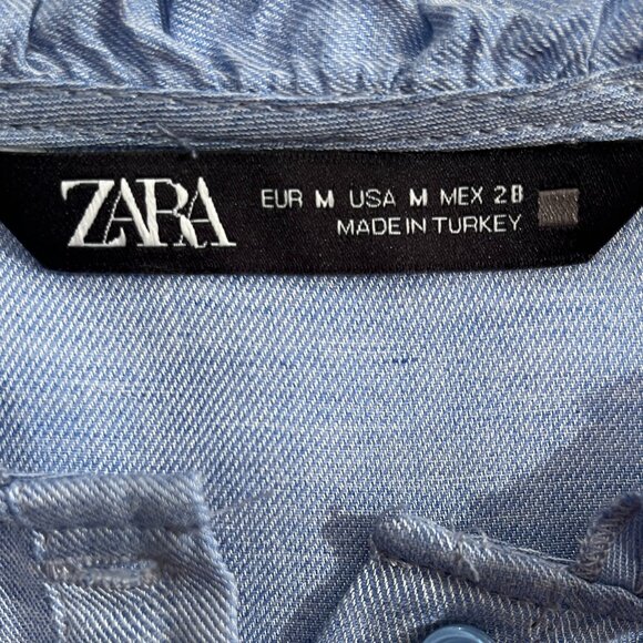 Zara Denim Ruffle Blouse w/ Balloon Sleeves - M - Picture 3 of 11